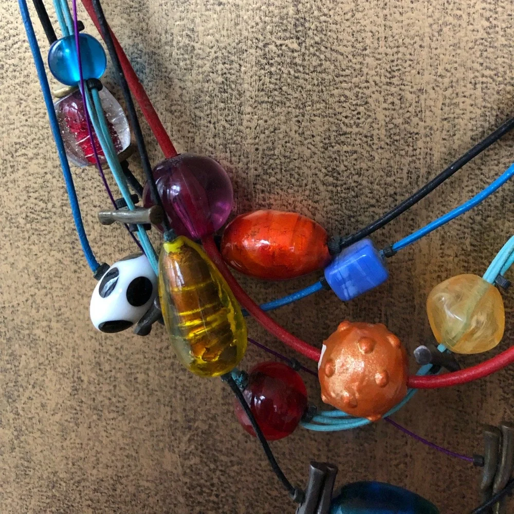 Multicolored beads and multicolored cords on this fun necklace, 17” long - Picture 2 of 9